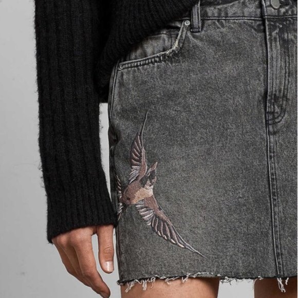 ALLSAINTS Birds Embroidered Denim Skirt Washed Black 6 - Picture 2 of 12